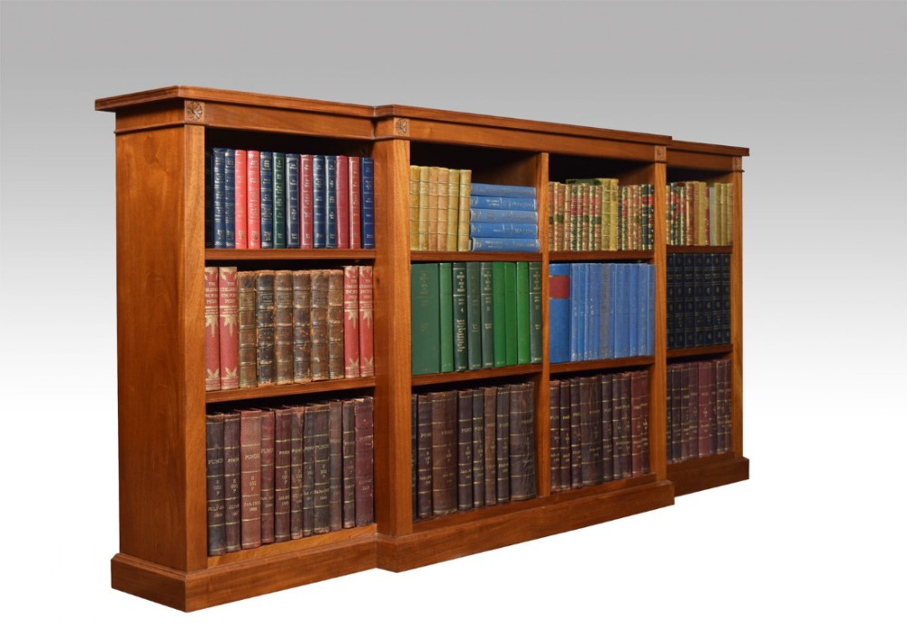 Large walnut breakfront open bookcase 