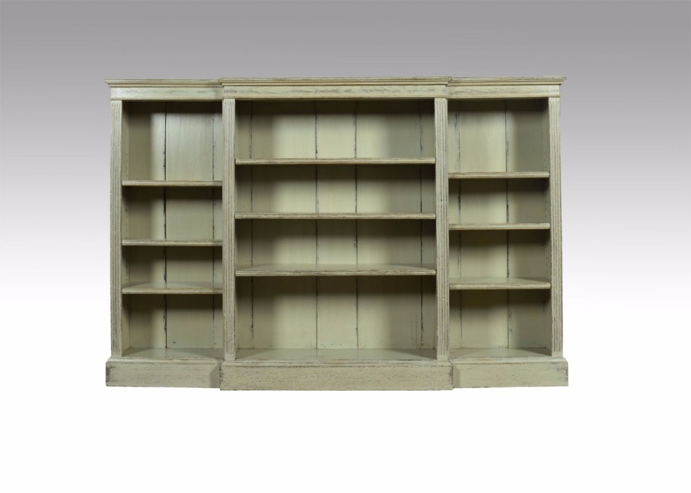 Large painted breakfront open bookcase