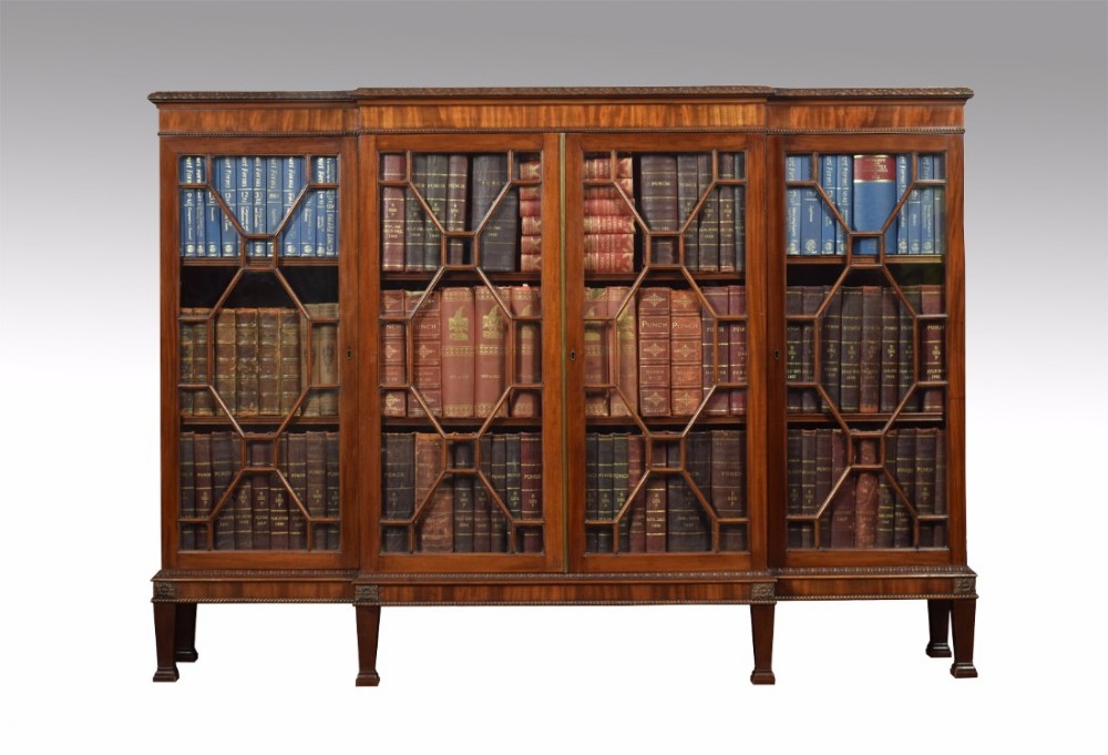Mahogany breakfront four door glazed bookcase