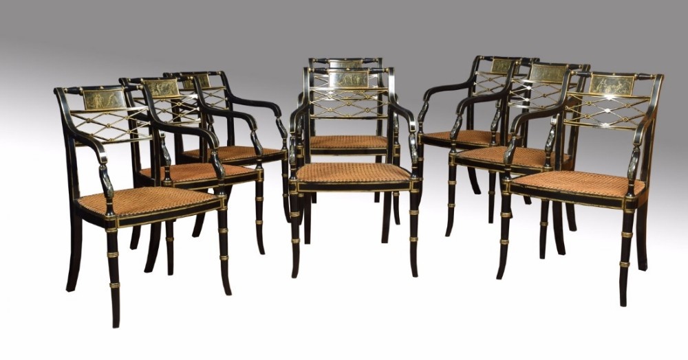 Refined set of eight English regency cane seat armchairs