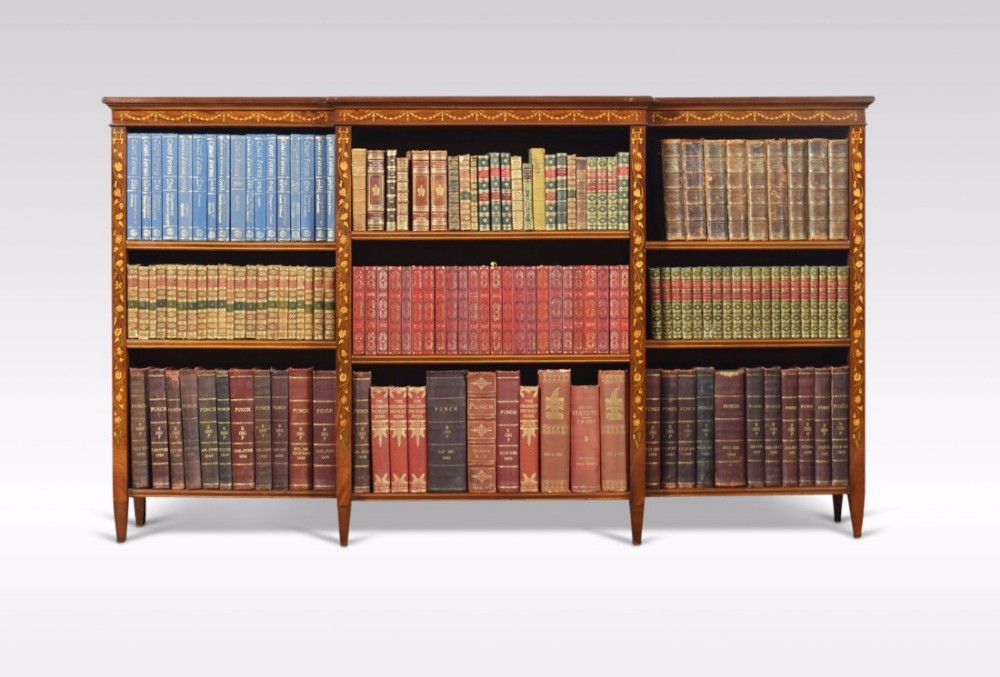 Edwardian mahogany satinwood banded and marquetry open bookcase
