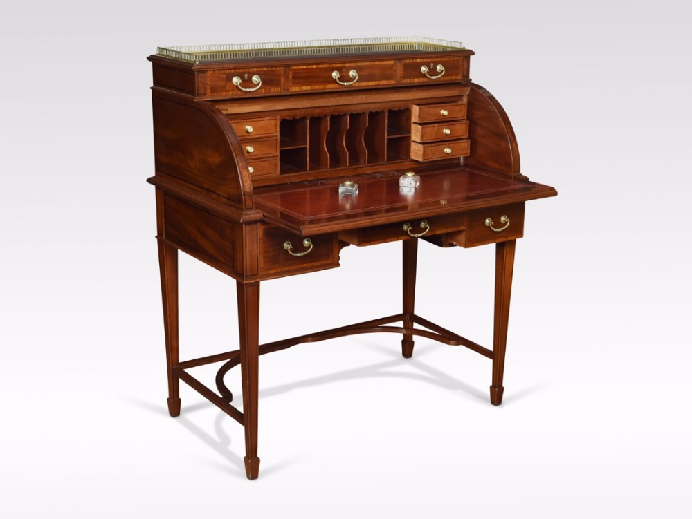 Edwardian mahogany and satinwood inlaid cylinder desk