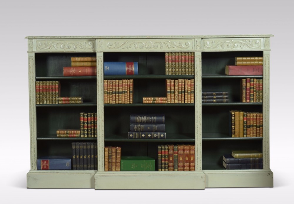 Large painted breakfront open bookcase