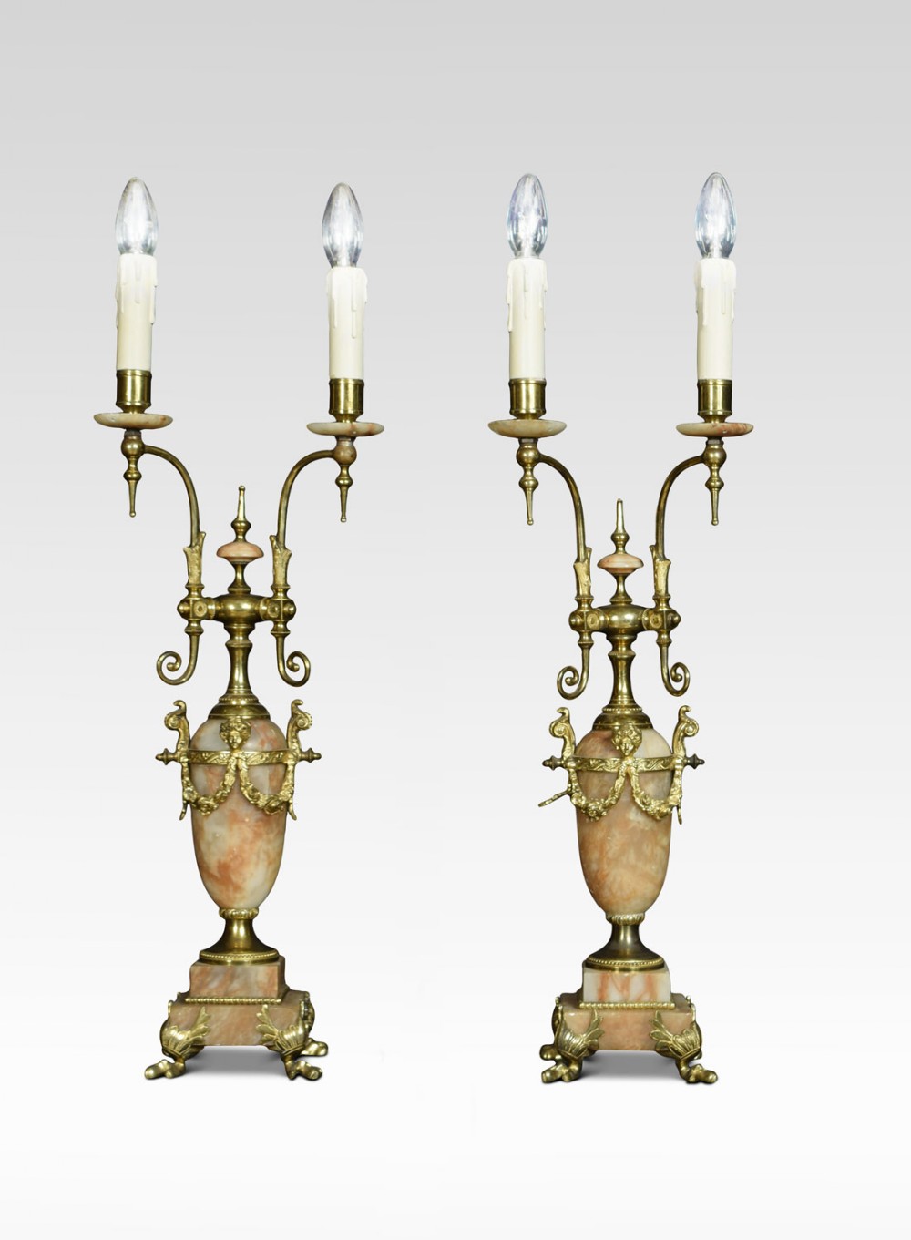 Pair of twin arm marble table lamps