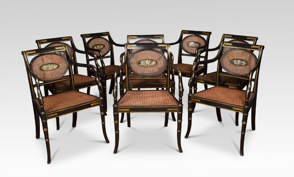 Refined Set of Eight English Regency Cane Armchairs