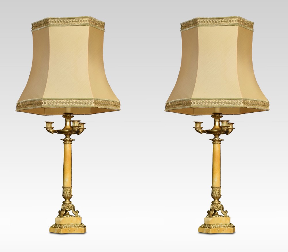 Pair of gilt metal and Sienna marble table lamps