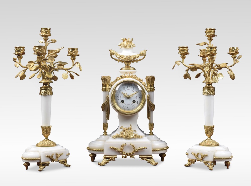 White marble and gilt metal mounted clock set