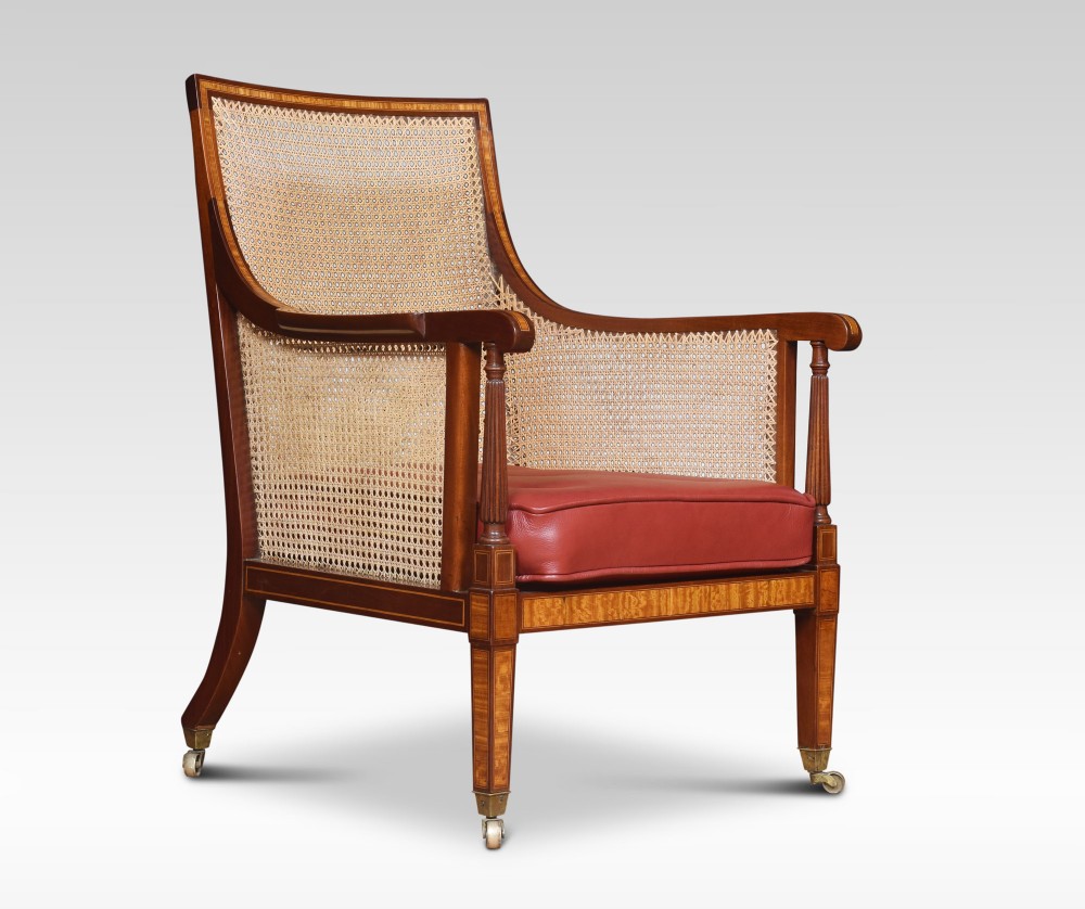 Mahogany and satinwood inlaid bergere armchair