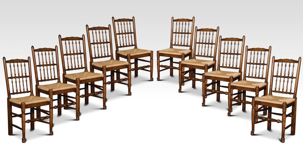 Set of ten Lancashire spindle back dining chairs