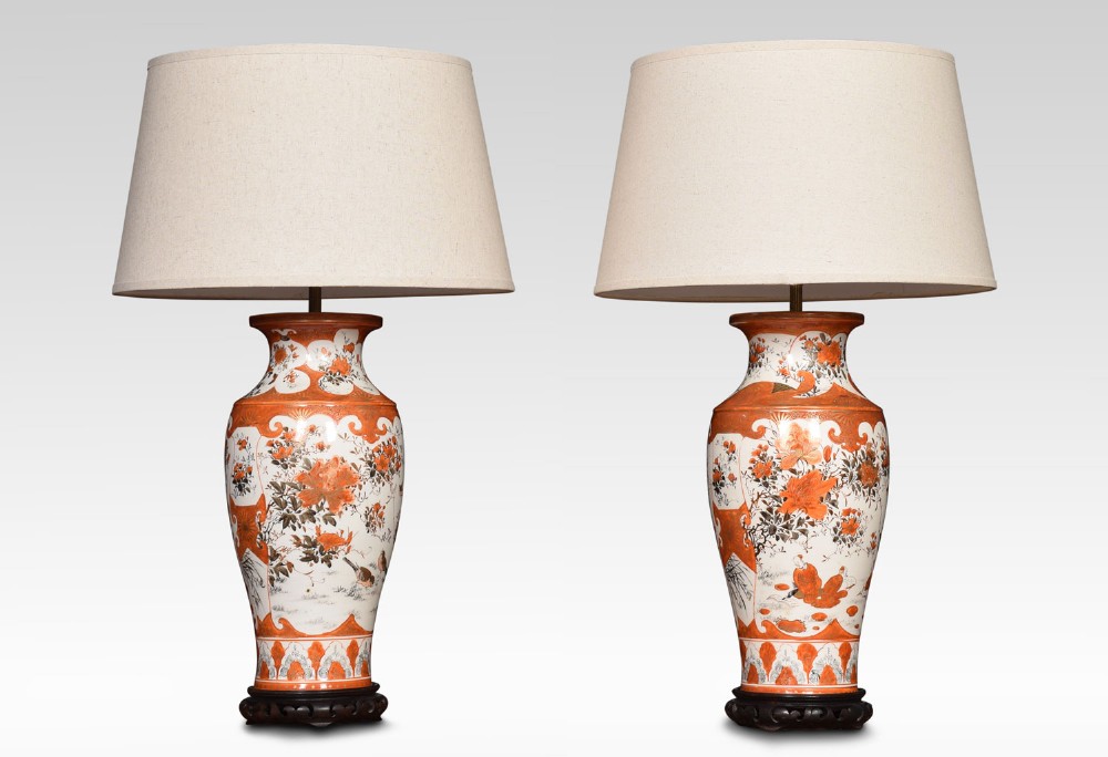 Pair of Japanese Porcelain Orange Ground Vases Lamps
