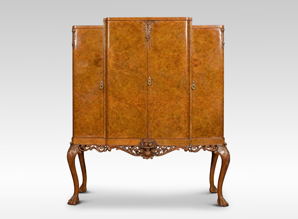 Large burr walnut breakfront cocktail cabinet