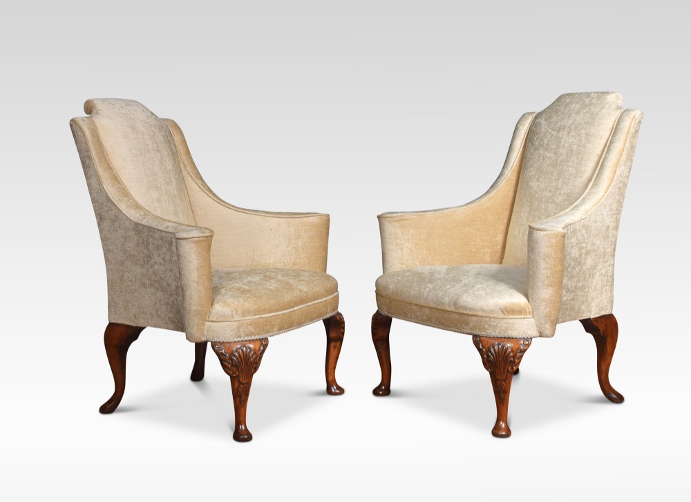 Pair of Queen Ann style wing armchairs