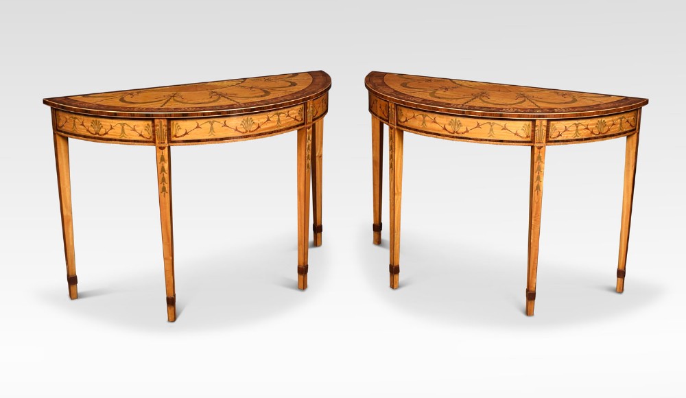 Pair of satinwood Inlaid Neoclassical Style Demilune Console Tables