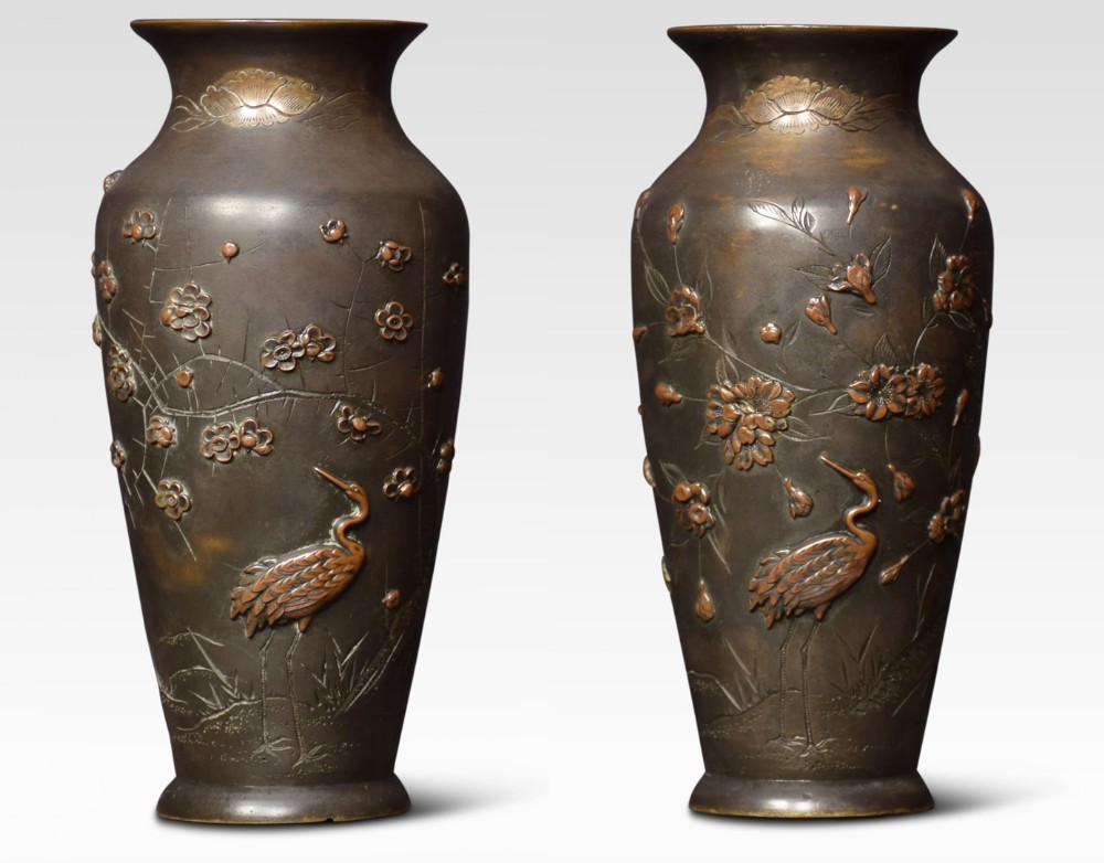 Pair of Japanese bronze and mixed metal vases