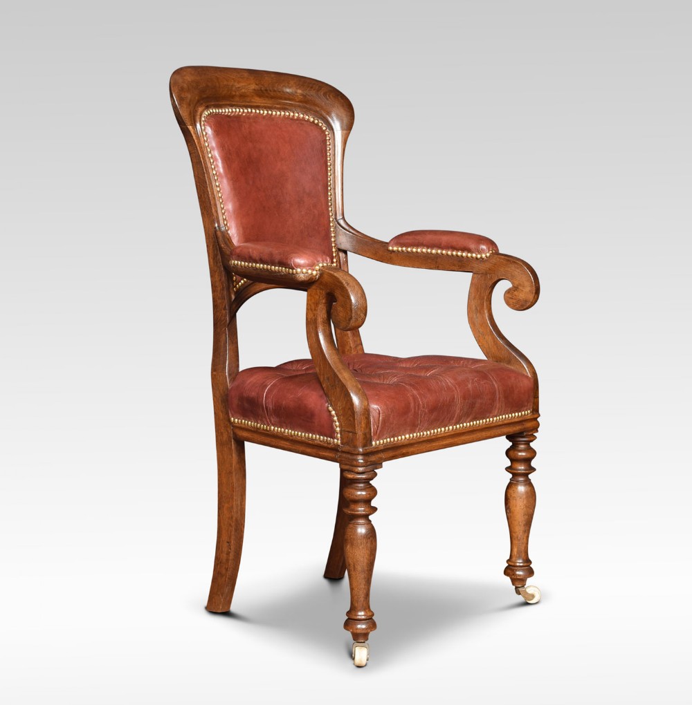 Oak and red leather armchair