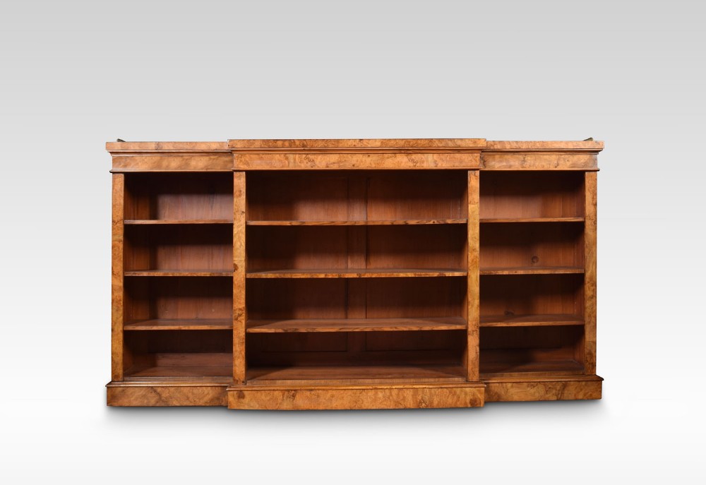 Large Victorian figured walnut dwarf open bookcase