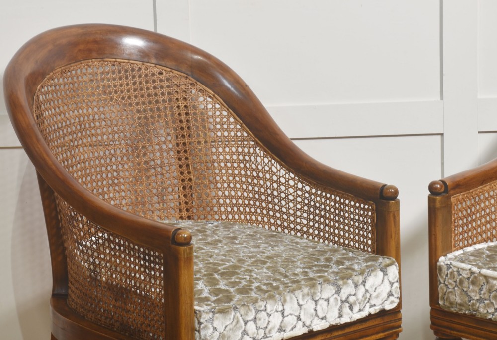 Pair of Regency style mahogany tub chairs featuring woven cane backs, upholstered cushions, turned legs, and brass castors. View III