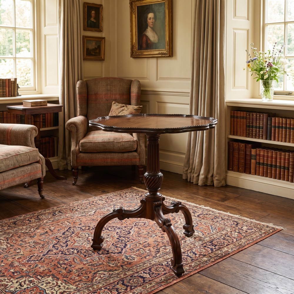 A dark carved mahogany tripod occasional table featuring a scalloped piecrust top, fluted central pedestal, and carved cabriole legs. View II
