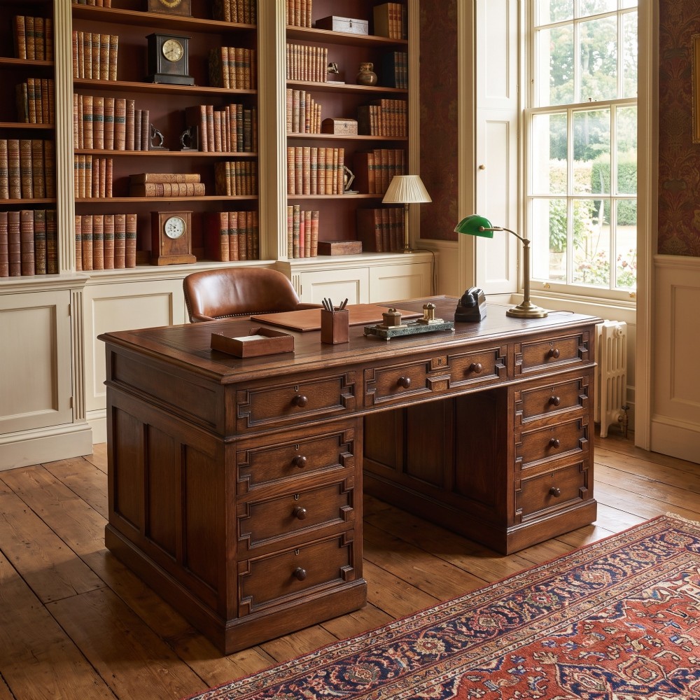A double-pedestal antique oak partners desk featuring geometric drawer mouldings and an inset brown leather writing top. View X
