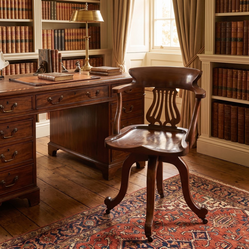An antique mahogany revolving desk chair featuring a curved backrest, carved splat, shaped seat, and four splayed legs fitted with castors. View II
