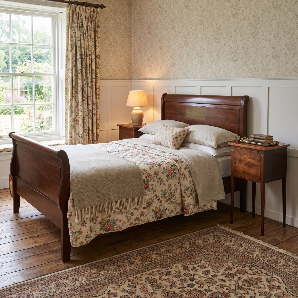 A matching pair of tall, slim mahogany Sheraton style bedside cabinets featuring floral marquetry inlay on single cupboard doors and square tapered legs. View III
