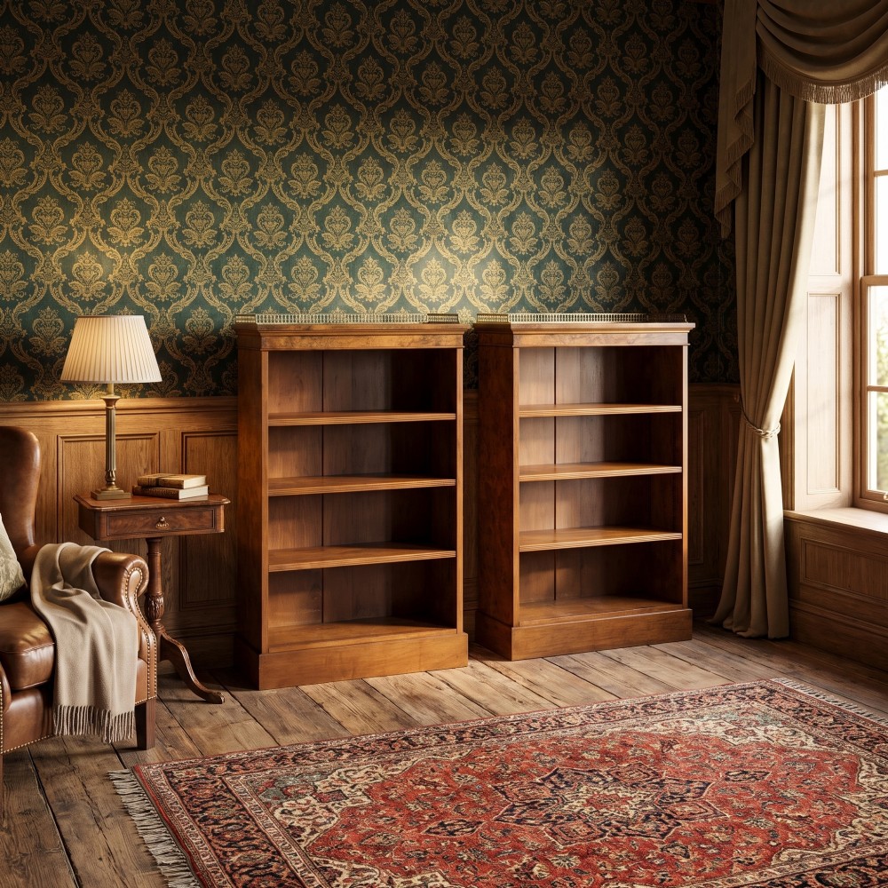A pair of low burr walnut open bookcases featuring brass galleries along the top and adjustable interior shelves. View III