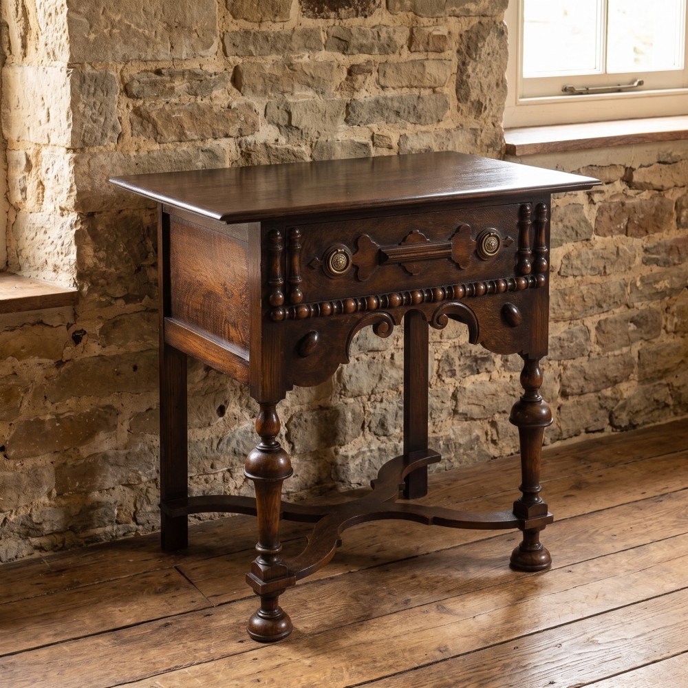 A dark brown oak side table featuring a single carved drawer with brass handles, a decorative apron, turned baluster legs, and a shaped cross stretcher. View II