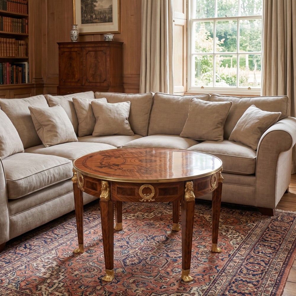 A round Louis XVI style coffee table featuring wood marquetry, warm brown veneers, tapered square legs, and decorative gilt brass female bust mounts. View II