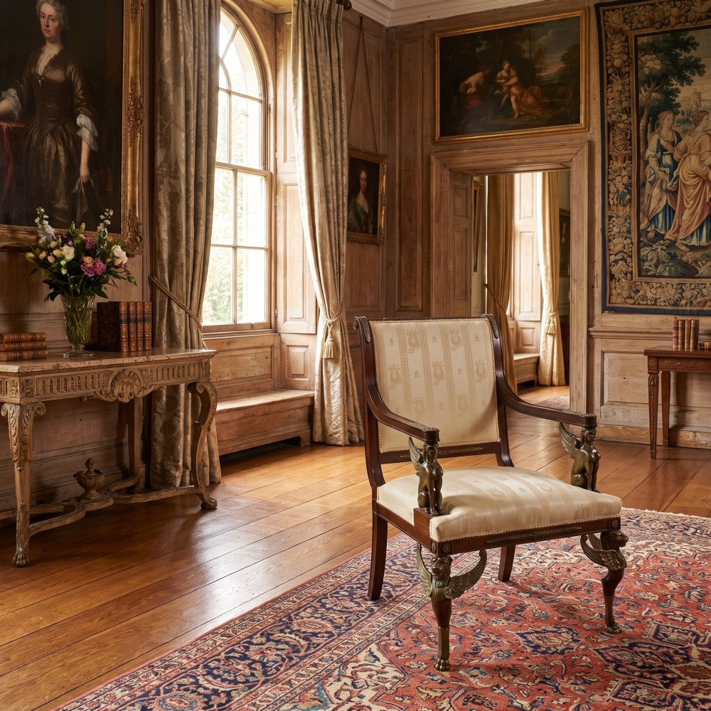 An Empire style mahogany armchair featuring cream upholstered silk fabric with lyre motifs, winged sphinx arm supports, and gilt brass winged lion front legs. View II