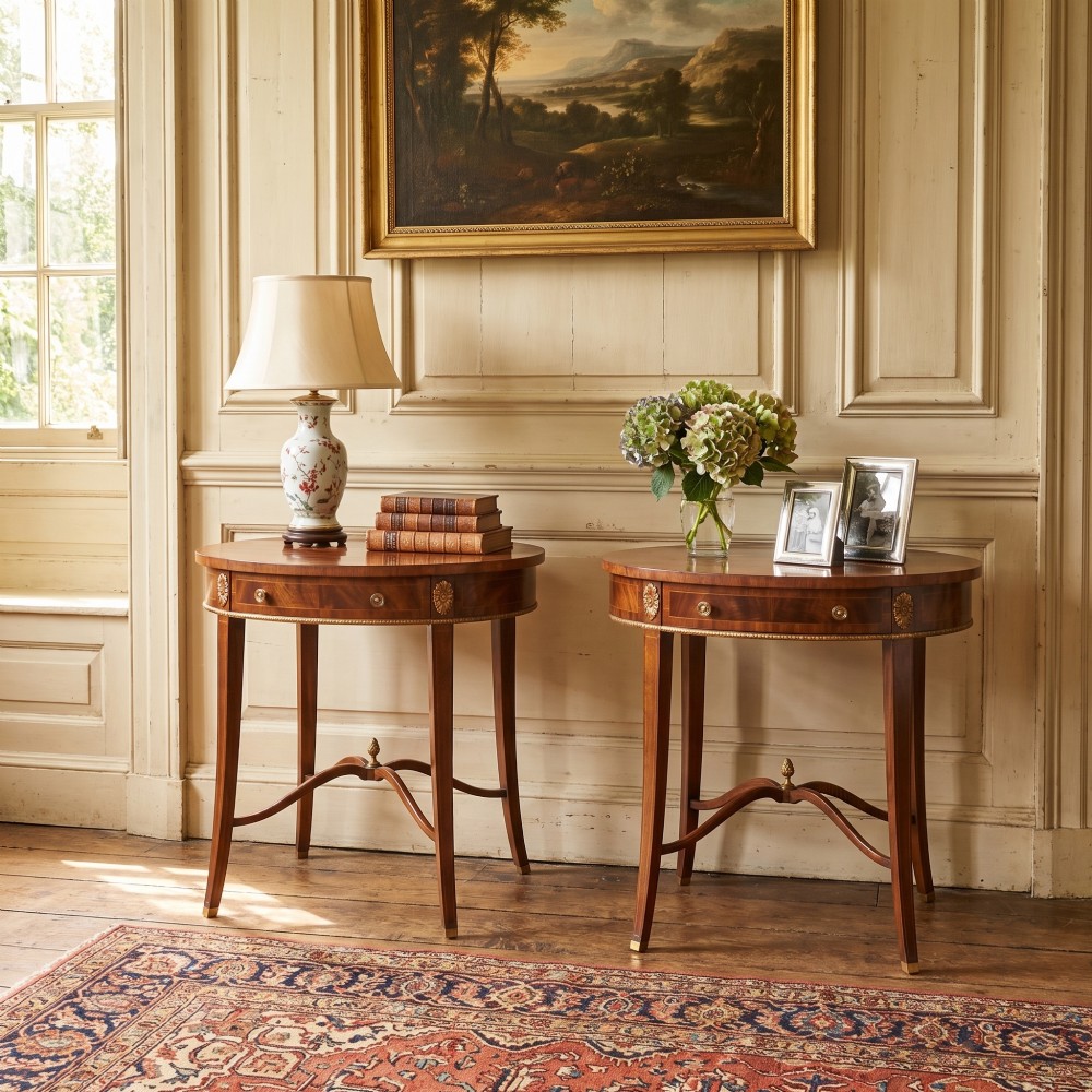 A pair of oval flame mahogany side tables featuring brass rosette mounts, single drawers, curved legs, and an X-shaped stretcher with a brass finial. View II