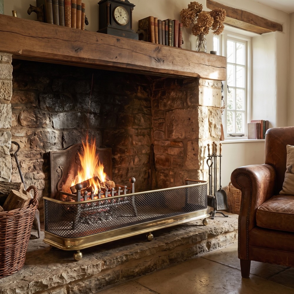 A low rectangular fireplace fender featuring a polished brass top rim and base moulding with black steel diamond mesh sides on small brass ball feet. View II