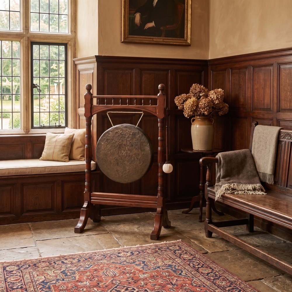 A standing dark oak frame featuring turned upright pillars, top spindles, and a central suspended hammered brass dinner gong dish with a hanging mallet. View II