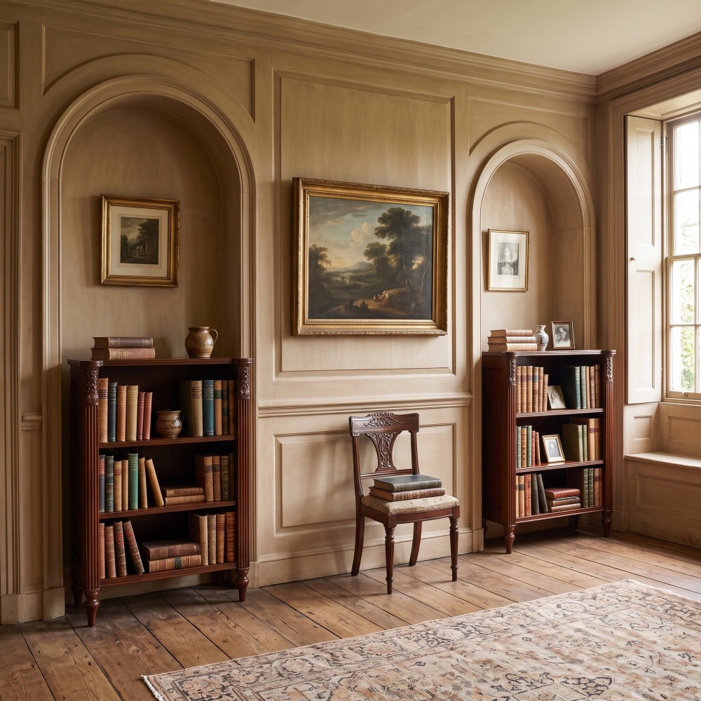 A pair of low mahogany open bookcases featuring fluted pilasters with carved tops, adjustable shelves, and turned legs. View III