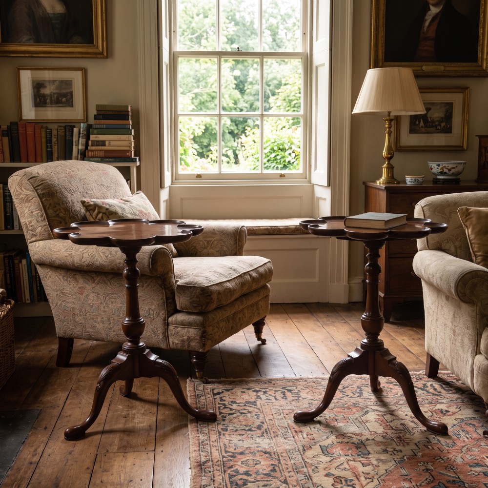 A pair of polished dark mahogany tripod side tables featuring scalloped pie-crust tops, turned central pedestals, and carved cabriole legs. View II