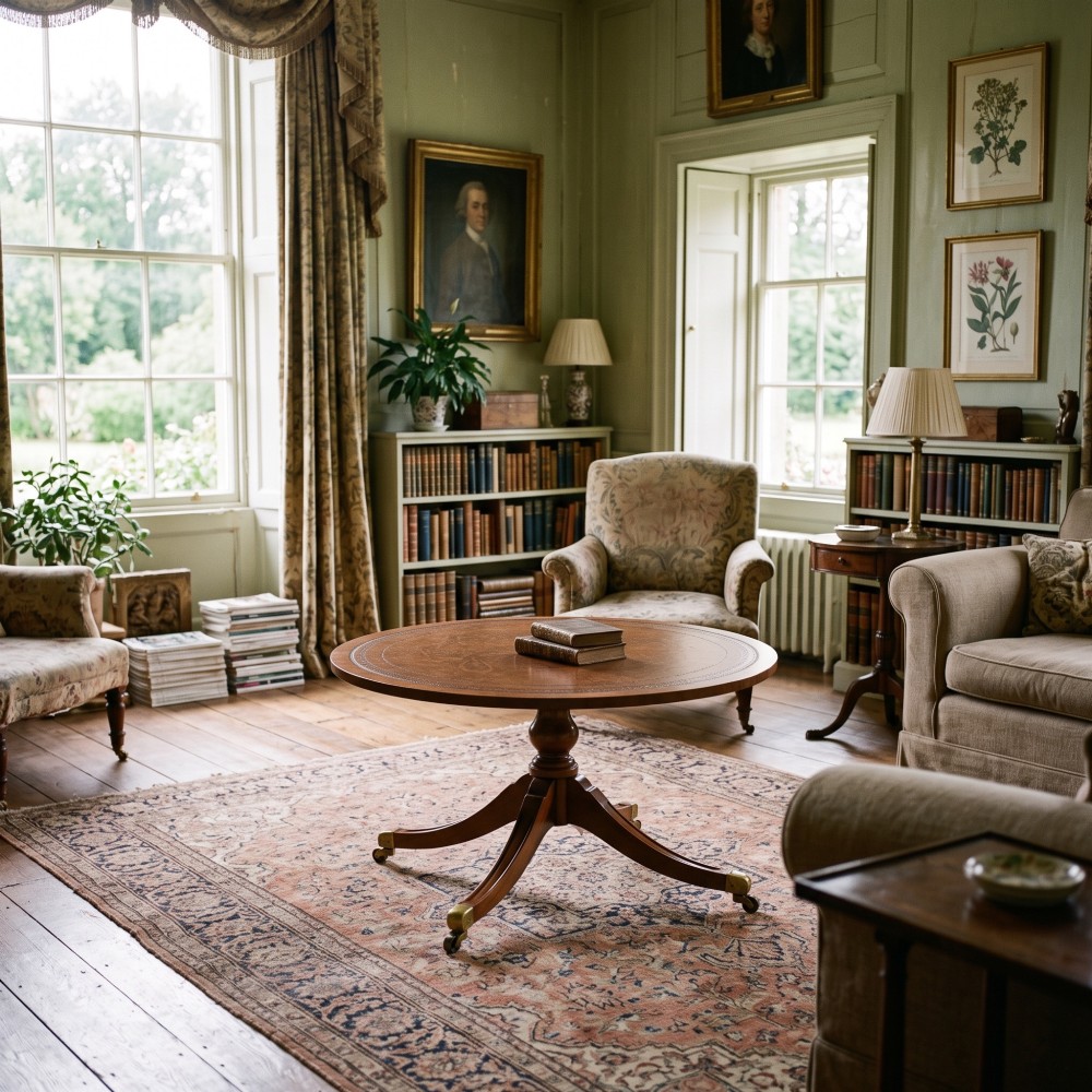 A circular Regency style mahogany coffee table featuring an inset brown leather top with gold leaf tooling, supported by a central pedestal and four splayed legs fitted with brass castors. View III