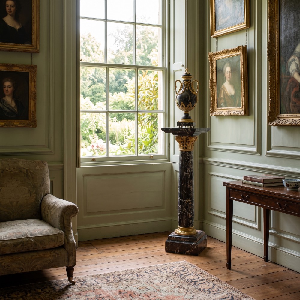 A black veined-marble urn with two handles and gilt-metal mounts resting on a matching cylindrical black marble pedestal with a Corinthian capital. View III