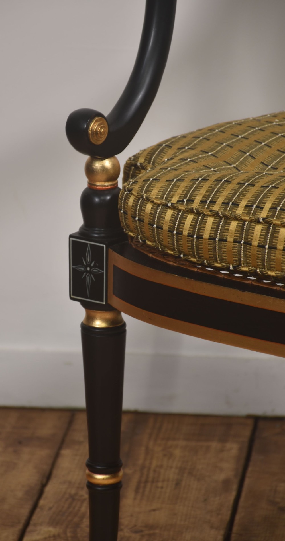 A Regency style ebonised and parcel-gilt open armchair featuring a curved cane backrest with painted medallion detail, sweeping arms, and a patterned gold upholstered cushion. View IV