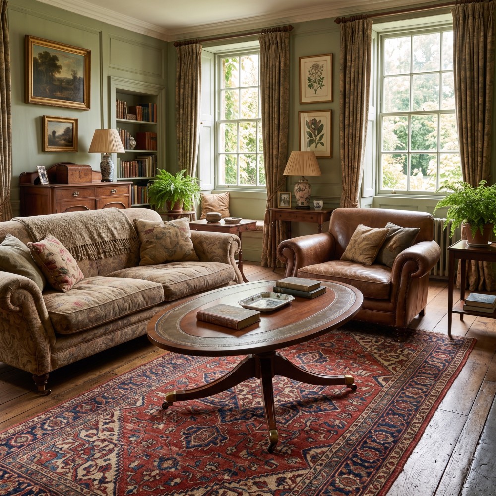 An oval mahogany coffee table featuring an inset green tooled leather border, a central turned pedestal stem, four swept legs, and brass castors. View III