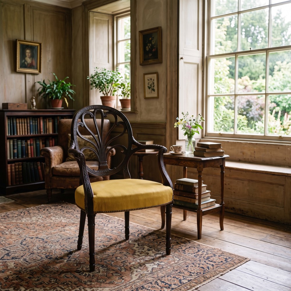 A carved mahogany open armchair featuring an oval wheat-sheaf backrest, swept arms, and a yellow upholstered seat secured with brass studs. View III