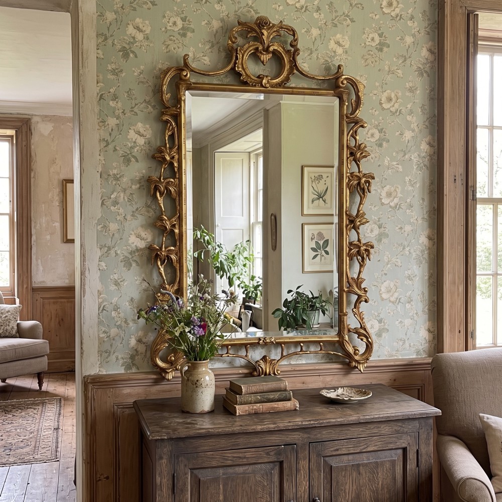 A rectangular wall mirror with a bevelled glass edge framed in elaborate carved gold giltwood featuring scrolls and acanthus motifs. View II