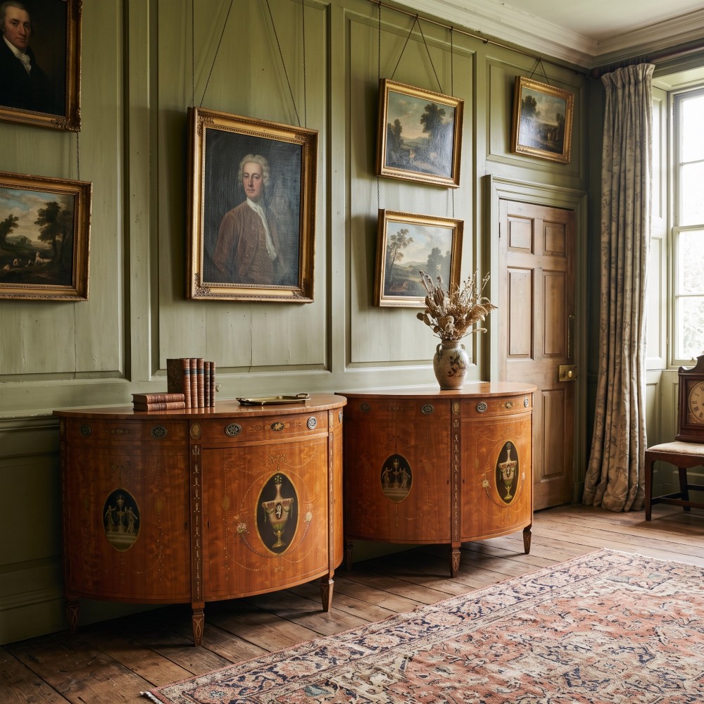 A pair of golden satinwood demi-lune cabinets featuring central hand-painted oval urn motifs and tapered legs. View II