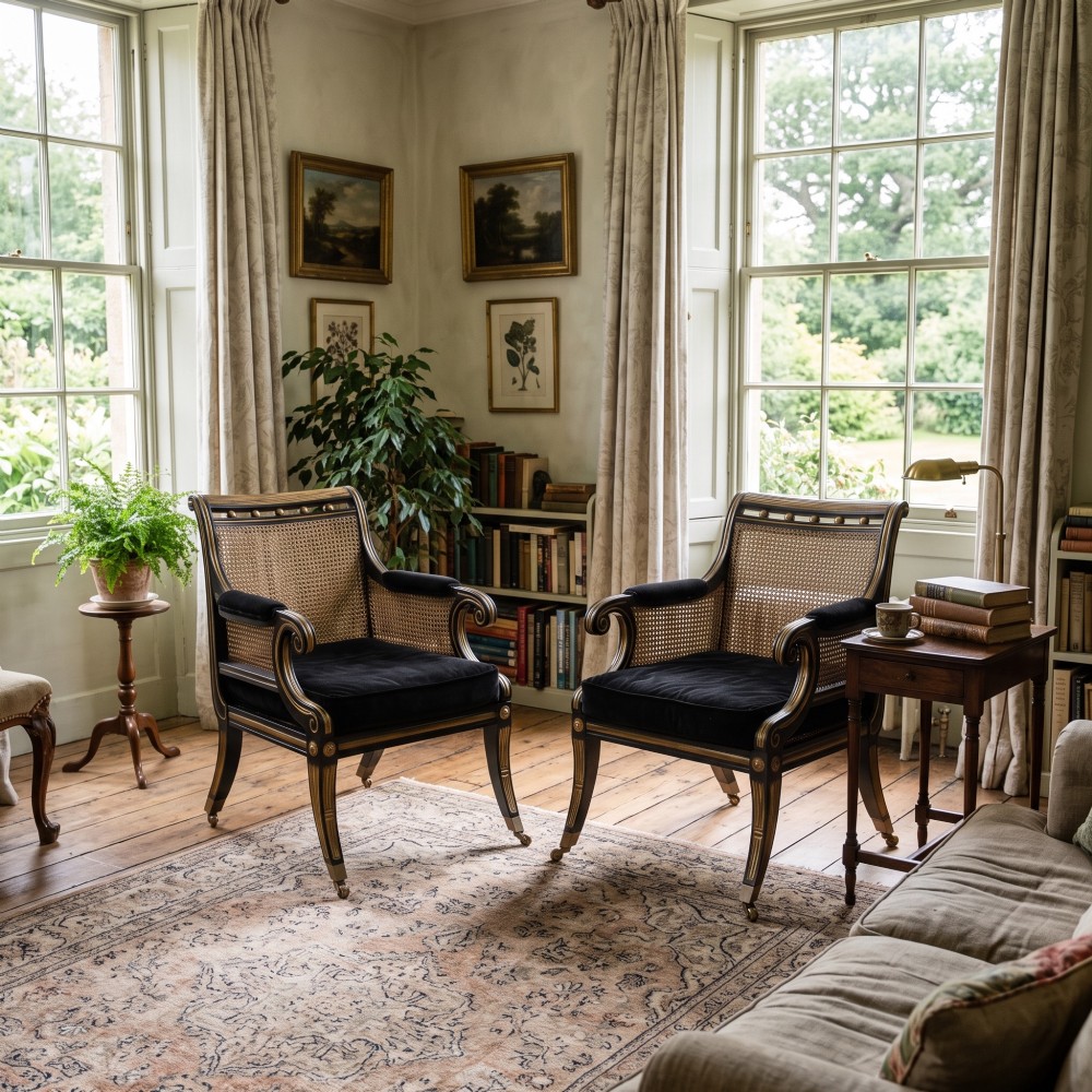 A pair of ebonised and parcel-gilt armchairs featuring woven cane backs, scroll arms, black upholstered cushions, and brass castors. View II
