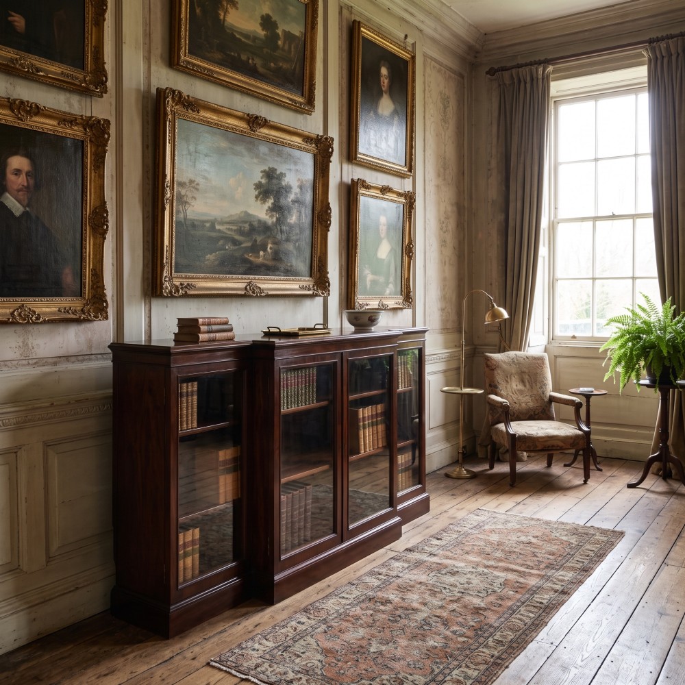 A 19th-century mahogany breakfront library bookcase featuring four glass-panelled doors, adjustable interior shelving, and a moulded cornice. View II