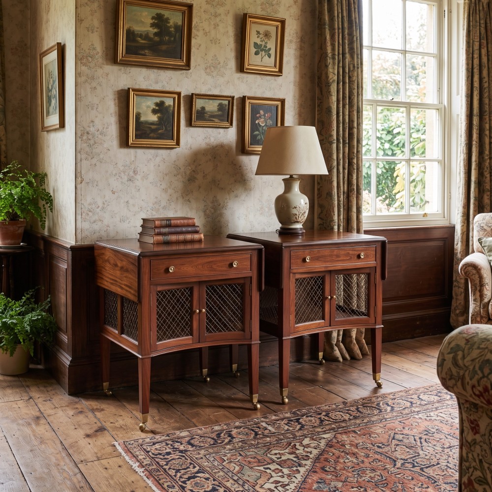A pair of rosewood drop-leaf side tables featuring single drawers above cupboard doors with brass grille inserts, standing on square tapered legs with brass castors. View V