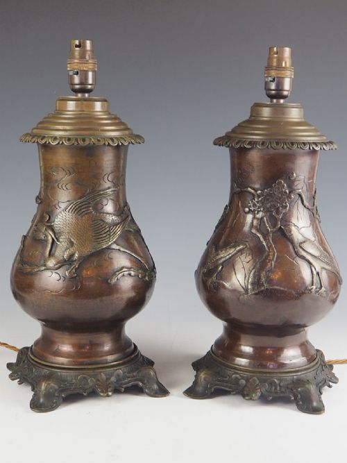 A Pair of Japanese Bronze Dragon Chasing the Bird Table Lamps