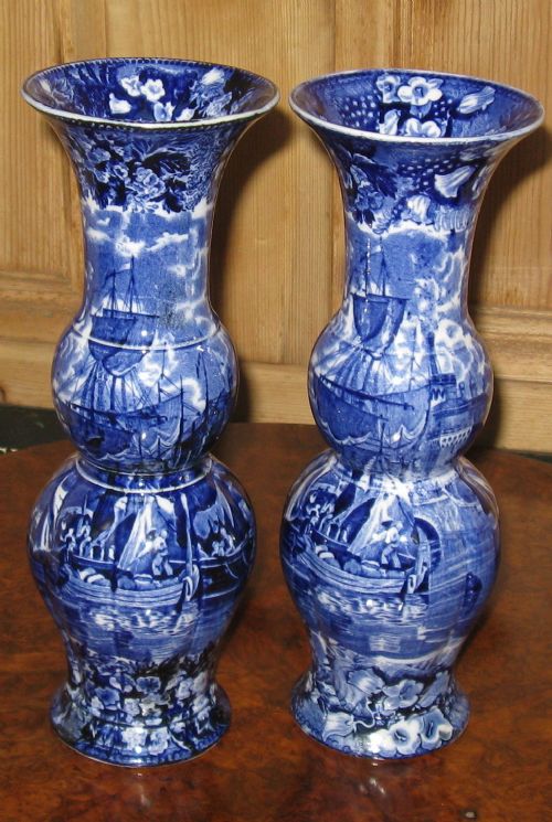 Two Wedgwood Ferrara Pattern Blue & White Baluster Vases 1912