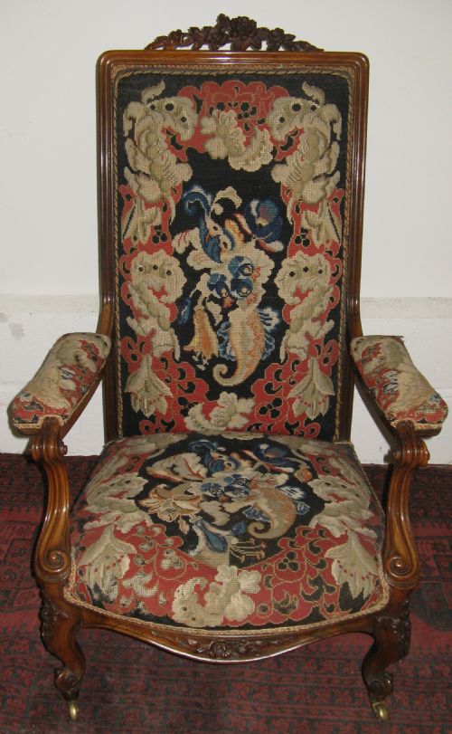 fig 1. Early Victorian Rosewood High back Armchair with tapestry cover circa circa 1850