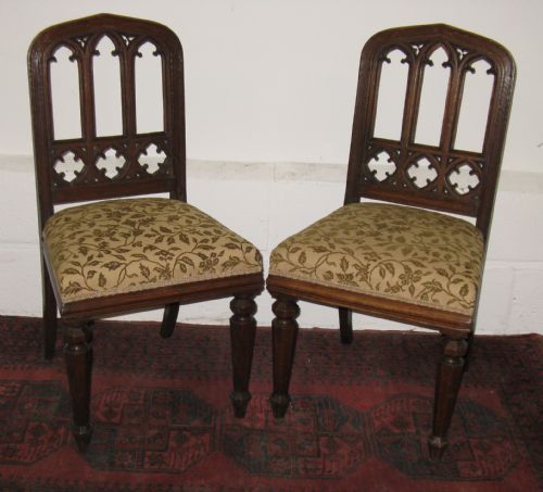 Pair of Victorian Oak Gothic Design Hall Chairs Circa 1860