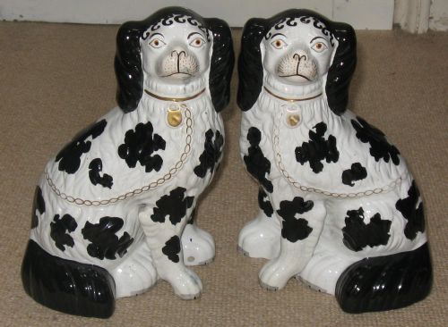 Fine Pair of Victorian Staffordshire Black & White Disraeli Dogs Circa 1860