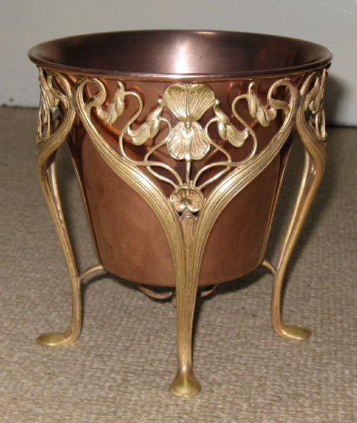 Art Nouveau Violet Flowers Brass & Copper Jardiniere Circa 1890